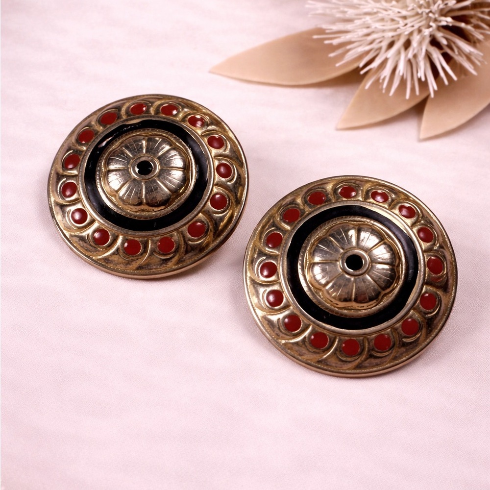 Vintage Southwestern Concho Style Earrings Red Enamel Silver Tone Retro 80s